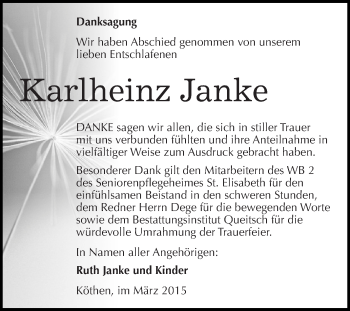 Traueranzeige von Karlheinz Janke von WVG - Wochenspiegel Dessau / Köthen