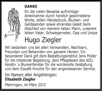 Traueranzeige von Hugo Ziegler von Super Sonntag Aschersleben