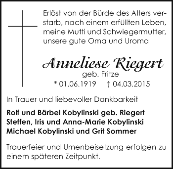 Traueranzeige von Anneliese Riegert von Mitteldeutsche Zeitung Bernburg