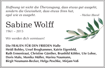 Traueranzeige von Sabine Wolff von Mitteldeutsche Zeitung Halle/Saalkreis