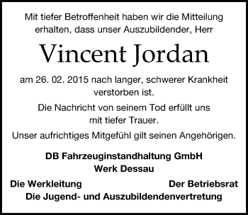 Traueranzeige von Vincent Jordan von Mitteldeutsche Zeitung