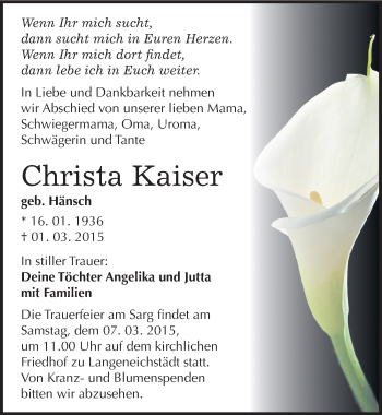 Traueranzeige von Christa Kaiser von Mitteldeutsche Zeitung Merseburg/Querfurt