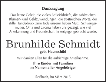 Traueranzeige von Brunhilde Schmidt von WVG - Wochenspiegel Merseburg