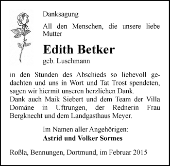 Traueranzeige von Edith Betker von Mitteldeutsche Zeitung Sangerhausen