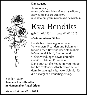Traueranzeige von Eva Bendiks von Mitteldeutsche Zeitung Naumburg/Nebra
