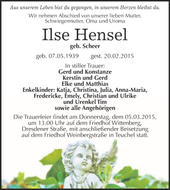 Traueranzeige von Ilse Hensel von WVG - Wochenspiegel Wittenberg