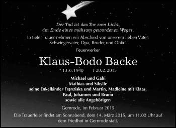 Traueranzeige von Klaus-Bodo Backe von WVG - Wochenspiegel Quedlinburg