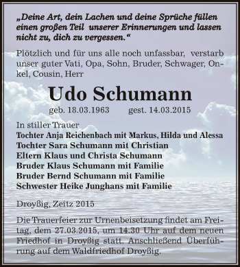 Traueranzeige von Udo Schumann von Super Sonntag Zeitz