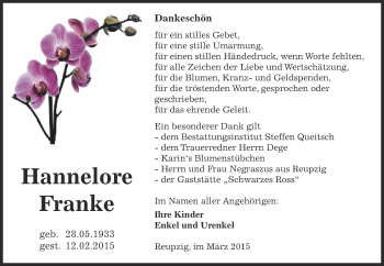 Traueranzeige von Hannelore Franke von WVG - Wochenspiegel Dessau / Köthen