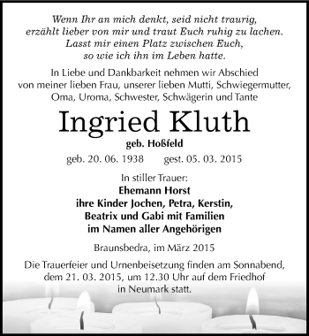 Traueranzeige von Ingried Kluth von Mitteldeutsche Zeitung Merseburg/Querfurt