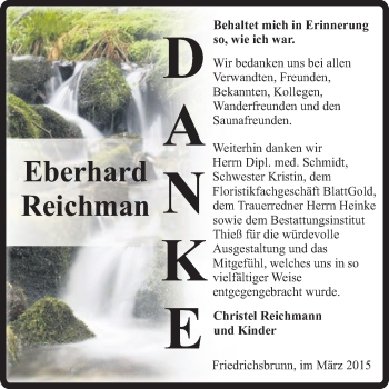 Traueranzeige von Eberhard Reichman von Super Sonntag Quedlinburg