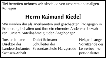 Traueranzeige von Raimund Riedel von Mitteldeutsche Zeitung Quedlinburg