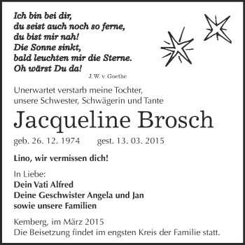 Traueranzeige von Jaqueline Brosch von WVG - Wochenspiegel Wittenberg