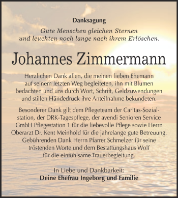 Traueranzeige von Johannes Zimmermann von WVG - Wochenspiegel NMB / WSF / ZTZ