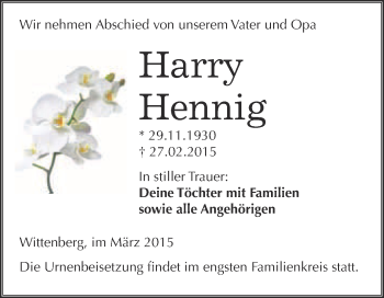 Traueranzeige von Harry Hennig von WVG - Wochenspiegel Wittenberg