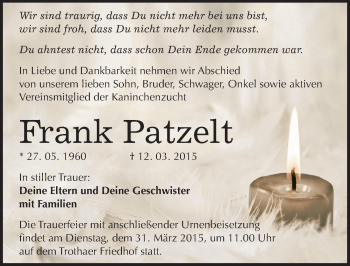 Traueranzeige von Frank Patzelt von Mitteldeutsche Zeitung Halle/Saalkreis