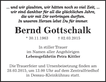 Traueranzeige von Bernd Gottschalk von WVG - Wochenspiegel Dessau / Köthen