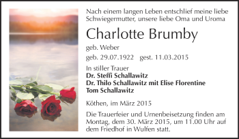 Traueranzeige von Charlotte Brumby von WVG - Wochenspiegel Dessau / Köthen