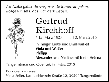 Traueranzeige von Gertrud Kirchhoff von Mitteldeutsche Zeitung Merseburg/Querfurt