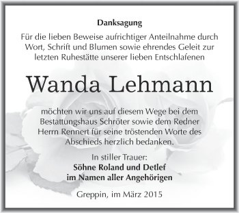 Traueranzeige von Wanda Lehmann von WVG - Wochenspiegel Bitterfeld