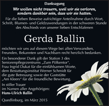 Traueranzeige von Gerda Ballin von Mitteldeutsche Zeitung Quedlinburg