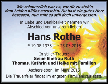 Traueranzeige von Hans Rothe von Super Sonntag Aschersleben