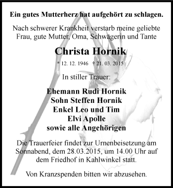 Traueranzeige von Christa Hornik von Mitteldeutsche Zeitung Naumburg/Nebra