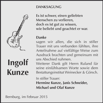 Traueranzeige von Ingolf Kunze von Super Sonntag Bernburg
