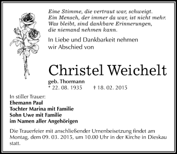 Traueranzeige von Christel Weichelt von Mitteldeutsche Zeitung Halle/Saalkreis