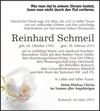 Traueranzeige von Reinhard Schmeil von WVG - Wochenspiegel Bitterfeld