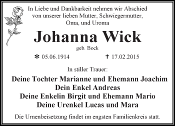 Traueranzeige von Johanna Wick von WVG - Wochenspiegel Dessau / Köthen