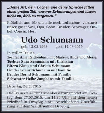Traueranzeige von Udo Schumann von Mitteldeutsche Zeitung Zeitz
