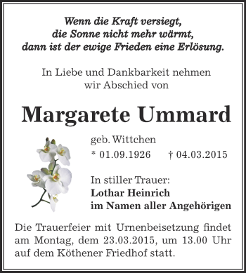 Traueranzeige von Margarete Ummard von WVG - Wochenspiegel Dessau / Köthen