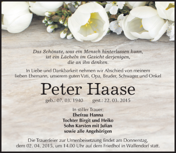 Traueranzeige von Peter Haase von Mitteldeutsche Zeitung Merseburg/Querfurt