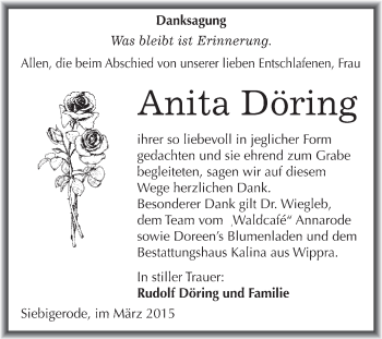 Traueranzeige von Anita Döring von Wochenspiegel Mansfelder Land