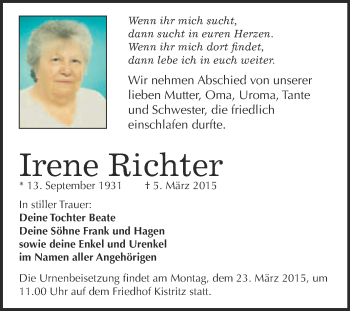 Traueranzeige von Irene Richter von WVG - Wochenspiegel NMB / WSF / ZTZ