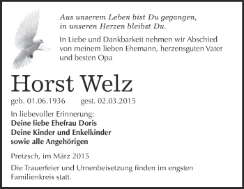 Traueranzeige von Horst Welz von WVG - Wochenspiegel Wittenberg