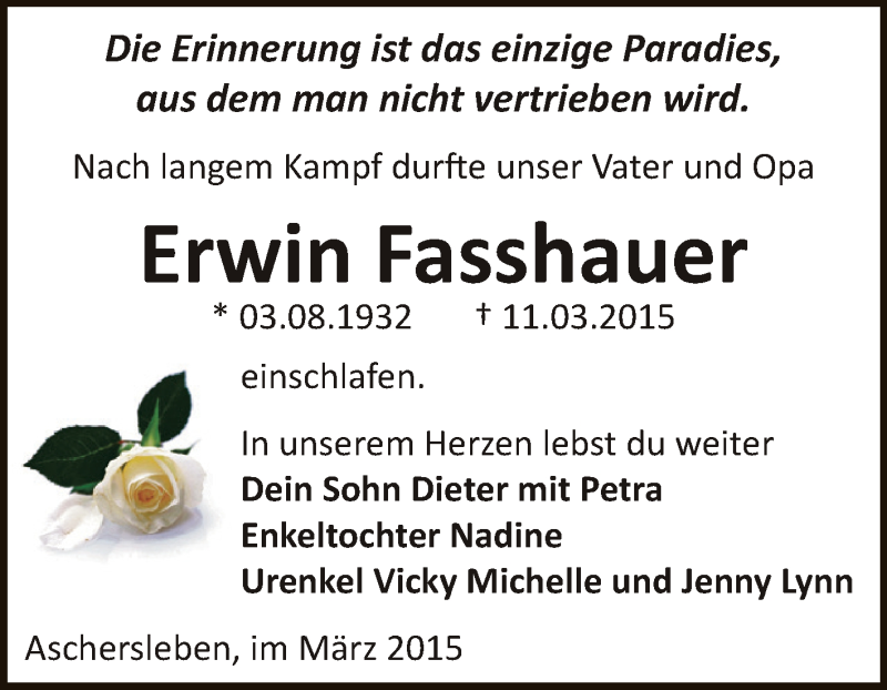  Traueranzeige für Erwin Fasshauer vom 25.03.2015 aus Super Sonntag Aschersleben