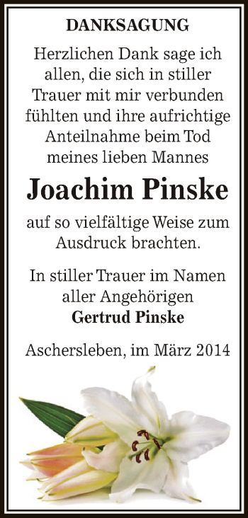 Traueranzeige von Joachim Pinske von Super Sonntag Aschersleben
