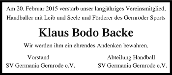 Traueranzeige von Klaus Bodo Backe von Mitteldeutsche Zeitung Quedlinburg