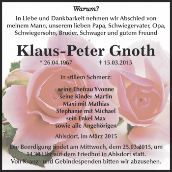 Traueranzeige von Klaus-Peter Gnoth von Super Sonntag SGH Mansf. Land