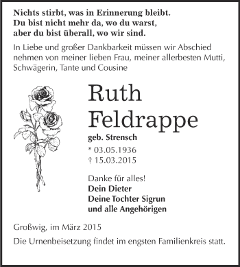 Traueranzeige von Ruth Feldrappe von WVG - Wochenspiegel Wittenberg