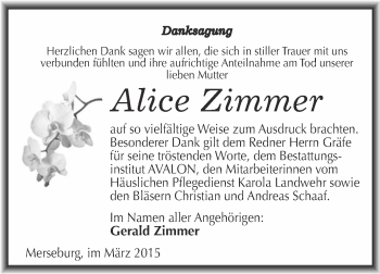 Traueranzeige von Alice Zimmer von WVG - Wochenspiegel Merseburg