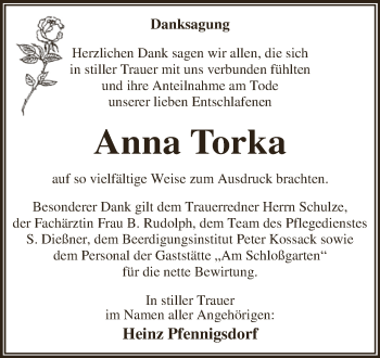 Traueranzeige von Anna Torka von WVG - Wochenspiegel Dessau / Köthen