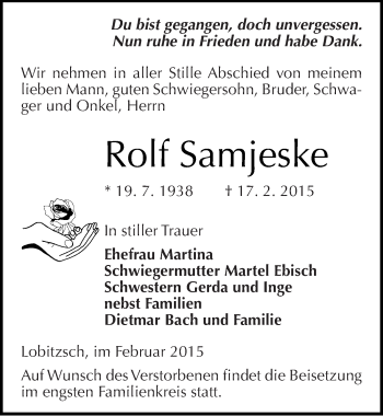 Traueranzeige von Rolf Samjeske von Mitteldeutsche Zeitung Weißenfels