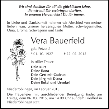 Traueranzeige von Vera Bauerfeld von Super Sonntag SGH Mansf. Land