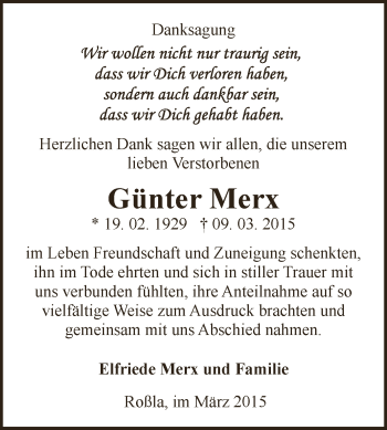 Traueranzeige von Günter Merx von Super Sonntag SGH Mansf. Land