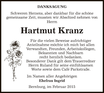 Traueranzeige von Hartmut Kranz von Super Sonntag Bernburg