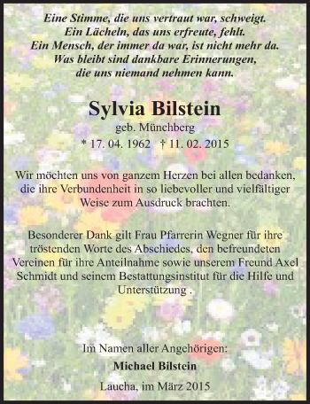 Traueranzeige von Sylvia Bilstein von Mitteldeutsche Zeitung Naumburg/Nebra