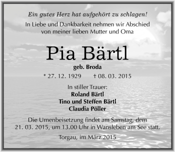 Traueranzeige von Pia Bärtl von Mitteldeutsche Zeitung Mansfelder Land